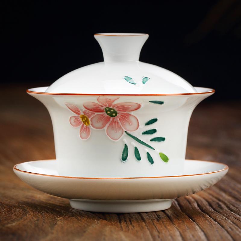 

Керамическая чашка Gaiwan с рельефным узором ручной работы, портативная дорожная чаша для чая, домашняя фарфоровая чайная посуда, аксессуары, посуда для напитков, личная чашка A 10.5x9.2cm 160ml