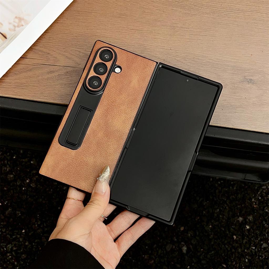 For Samsung Galaxy Z Fold7 5G Case Kickstand Crazy Horse Texture PU Leather + PC Phone Cover