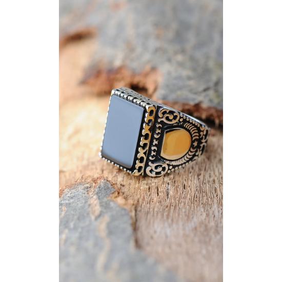 925 Sterling Silver Rectangular Model Onyx Stone Silver Men's Ring