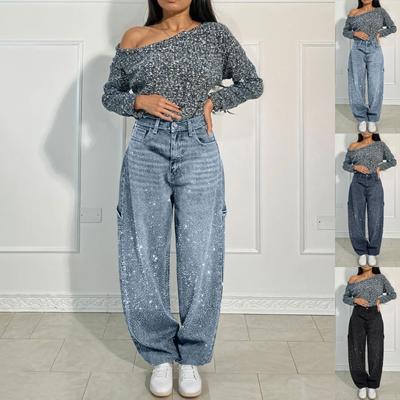 Women's Jeans Retro Solid Color Design Flash Diamond Straight Leg Jeans
