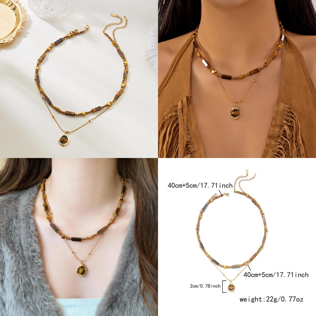 Tiger Eye Beaded Necklace With Steel Pendant Geometric Design For Fashion Casual Wear