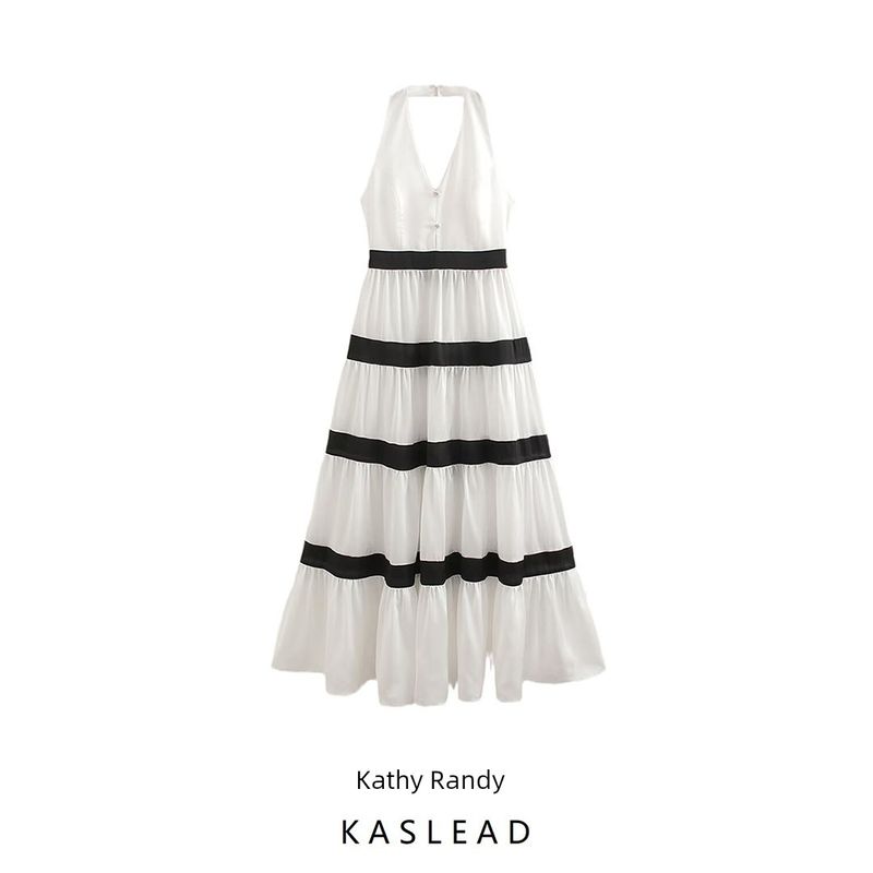 Kaslead New Arrival Women's Clothing Fashion Style Fashion Minimalist Oversized Hem Patchwork Contrast Color Halterneck Dress