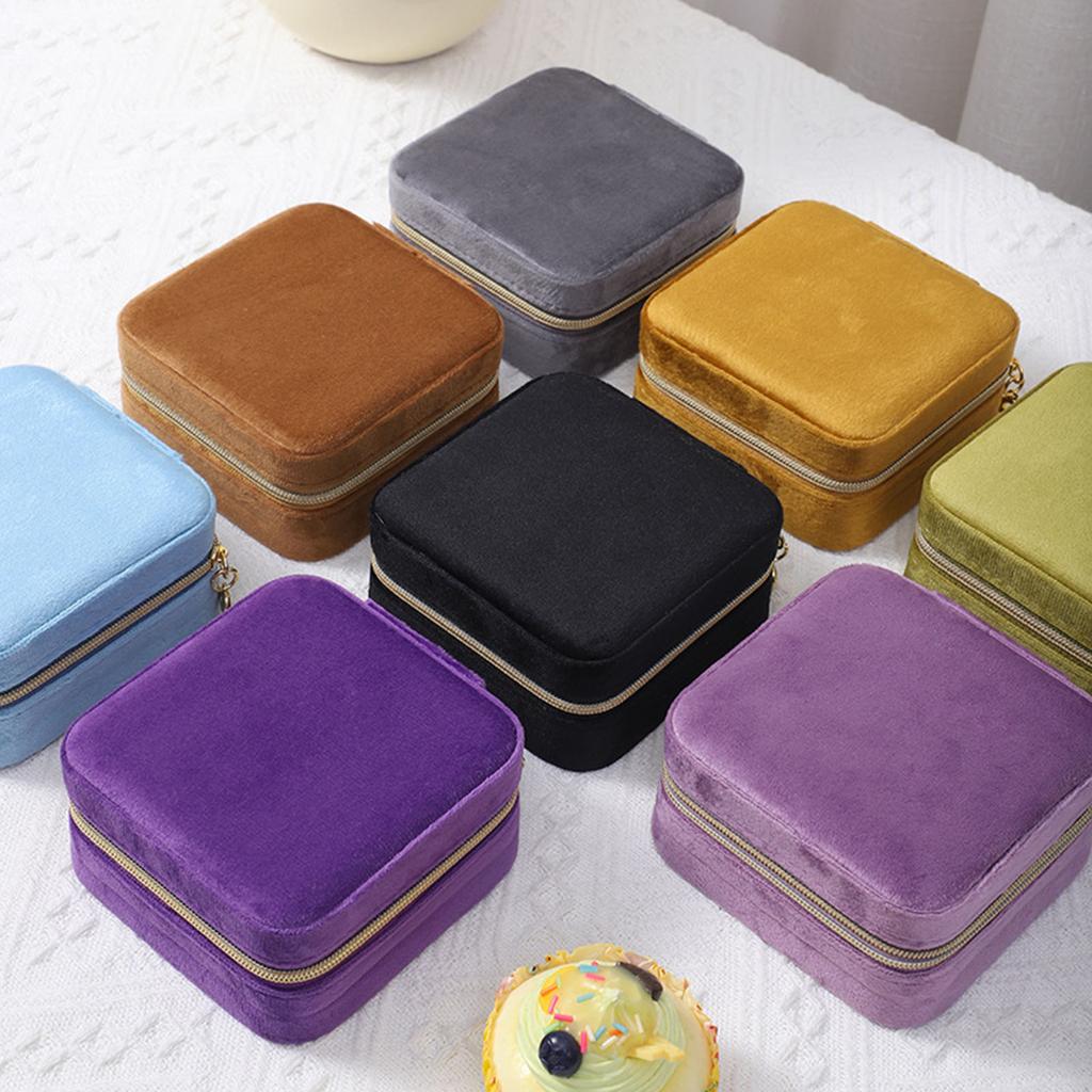 Zipper Jewelry Box Velvet- Jewelry Rings Earrings Organizer Square Storage Cases