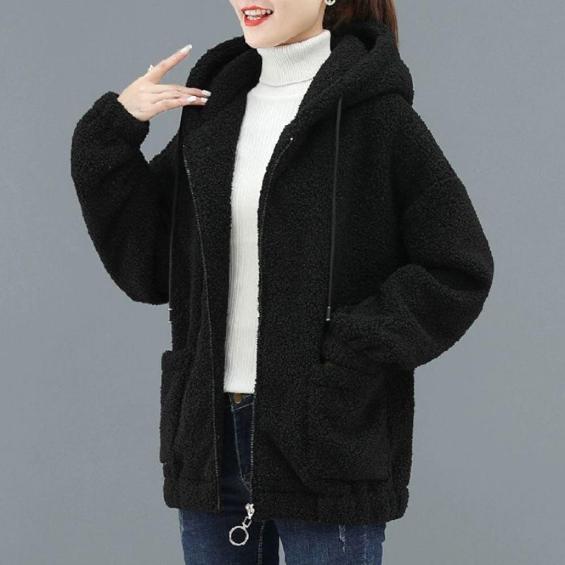 Hettegenser i seks farger for kvinner i teddyfleece: Koreansk stil, Pluss-størrelse, Tykk høst/vinter cardigan