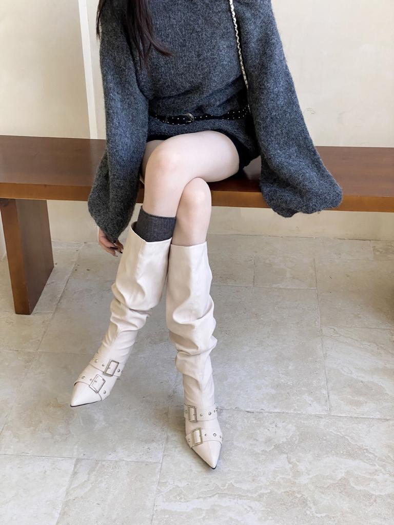 2025 autumn and winter new European and American pointed thin heel high heel temperament French fashion rivet belt buckle beautiful women boots