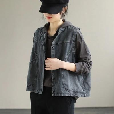 Women Spring Single Breasted Solid Vest Streetwear Denim Casual Jacket