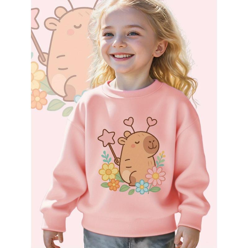 European sizes Toddler Kids' Sweatshirt Featuring a Whimsical Giraffe with Heart-Shaped Antlers Surrounded by Vibrant Flowers