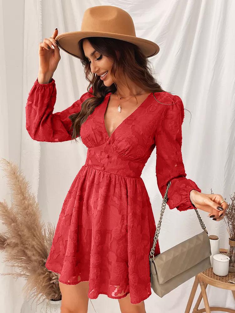 Women's Low-Cut A-Line Green Mini Dress with Long Sleeves - Sexy Party Wear for Spring & Autumn 2023.