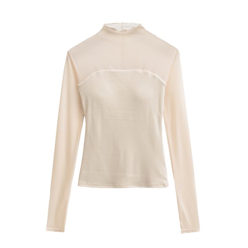 Women's Chic Sheer Mesh Spliced Long Sleeve T-shirt: Elegant Slim-fit, Sexy Base Layer Top