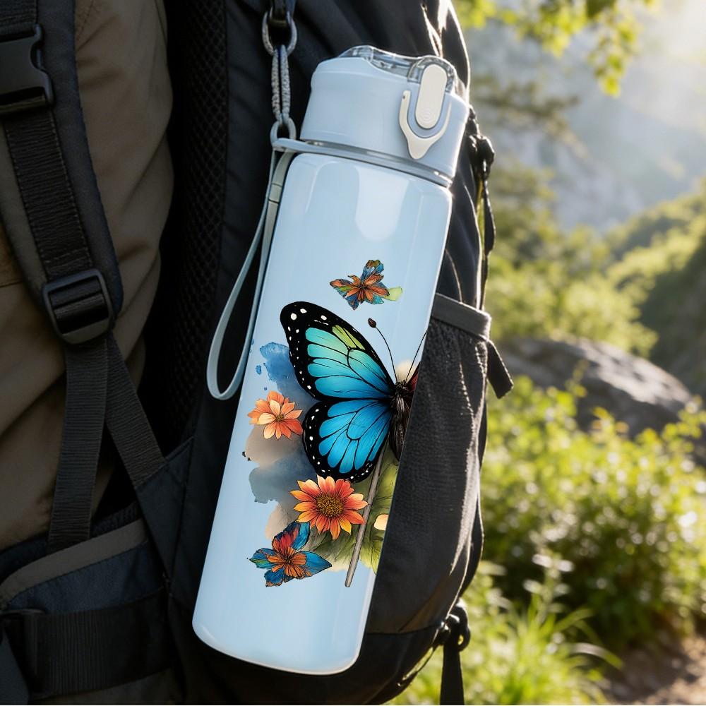 1PC Colorful Butterfly Art 750ml Color Plastic Sports Water Bottle Leakproof Flip Straw Lid Suitable for Sports Office Home Use