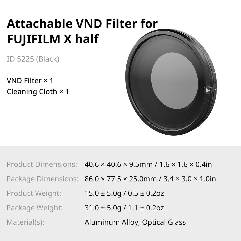 SmallRig Magnetic VND Filter for Fujifilm Precision Stepless Optical Waterproof and No 5225 ND2-ND32 X-Half, Adjustment, 1-5 Stops, Glass,