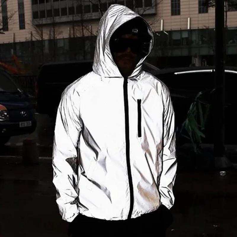New Night Reflective Jackets Double Fabric Windbreaker Hooded Jacket Men Hip Hop Dancer Singer Waterproof Zipper Coats Outwear