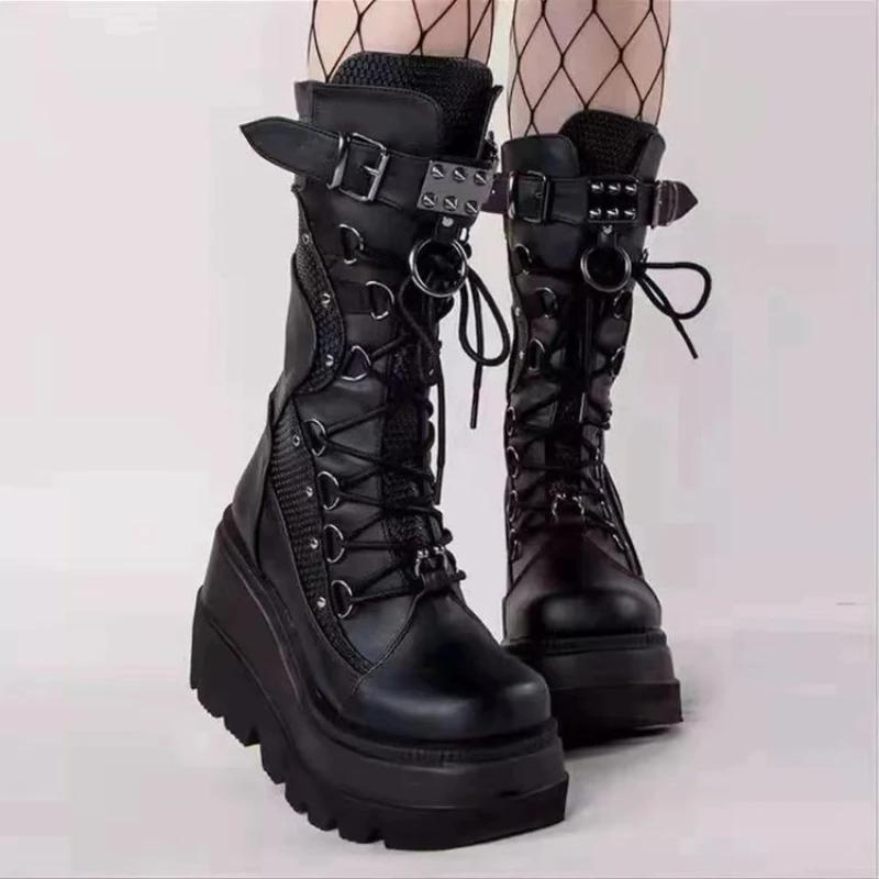 Women High Boots Cosplay Mid-Calf Boots High Platform Wedges Boots  Summer Autumn New Designer Gothic Shoes For Women Botas