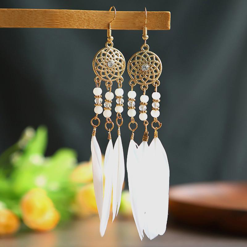 

Fashion Bohemian Crystal Bead Feather Earrings for Women Simple Long Gold Color Metal Earrings Vacation Daily Jewelry