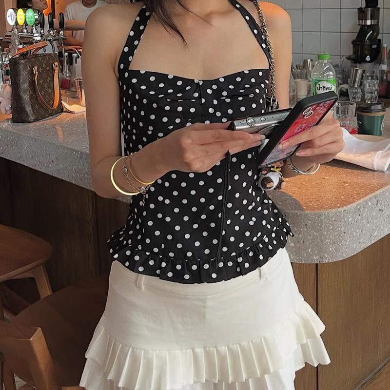 Dot Print Tops Women Halter Low-Neck Bandage Ruffles Backless Sleeveless Skinny Fashion Street Versatile Vest