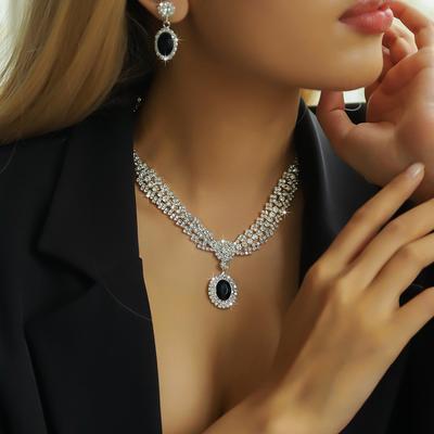 3PC Women's Fashion Water Diamond Geometric Round Necklace Earrings Zircon Set Wedding Banquet Party Holiday Gift
