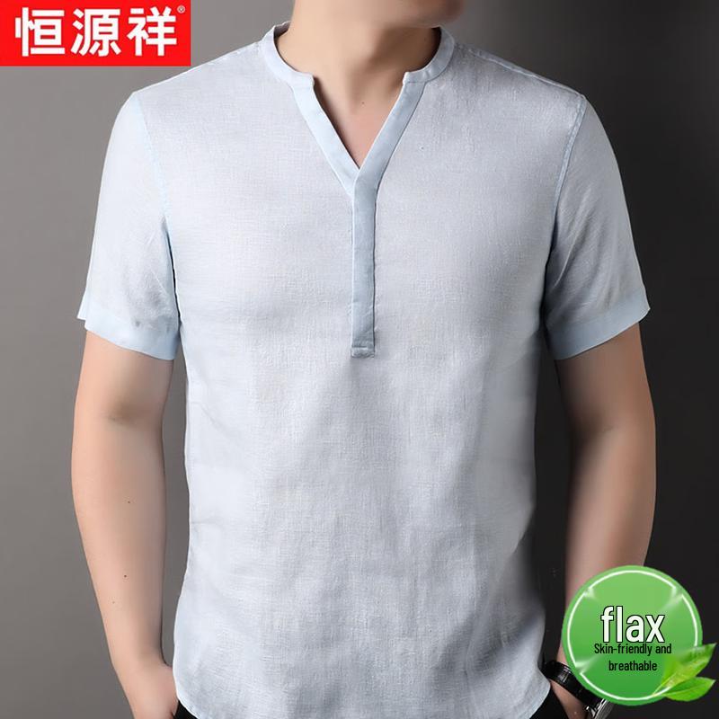 Hengyuanxiang Men s Summer V-Neck Linen Blend T-Shirt M