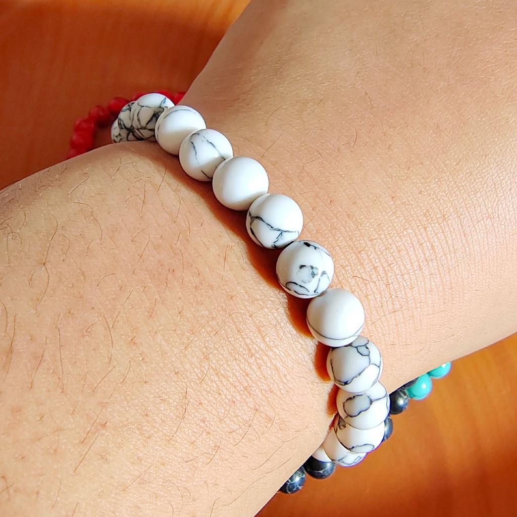 Single Natural Stone Beaded Elastic Bracelet | Turquoise/Red/White Marble Pattern Gem Wristband, Suitable for Daily Wear, Vintage and Simple Style