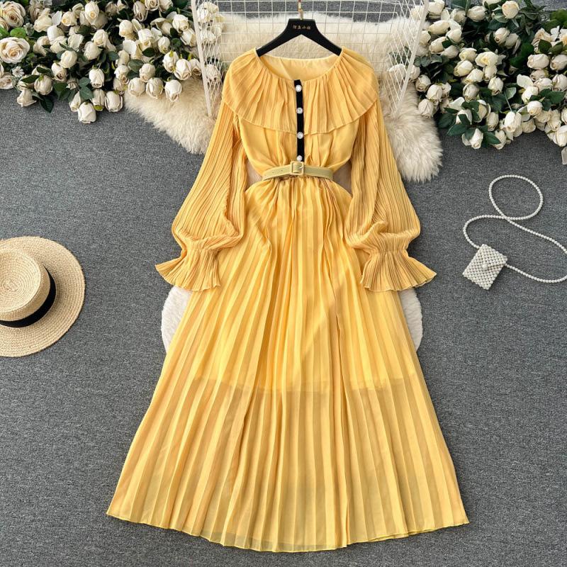 Summer new waist slim lapel pleated dress socialite temperament ruffle edge long sleeves big swing long dress tide