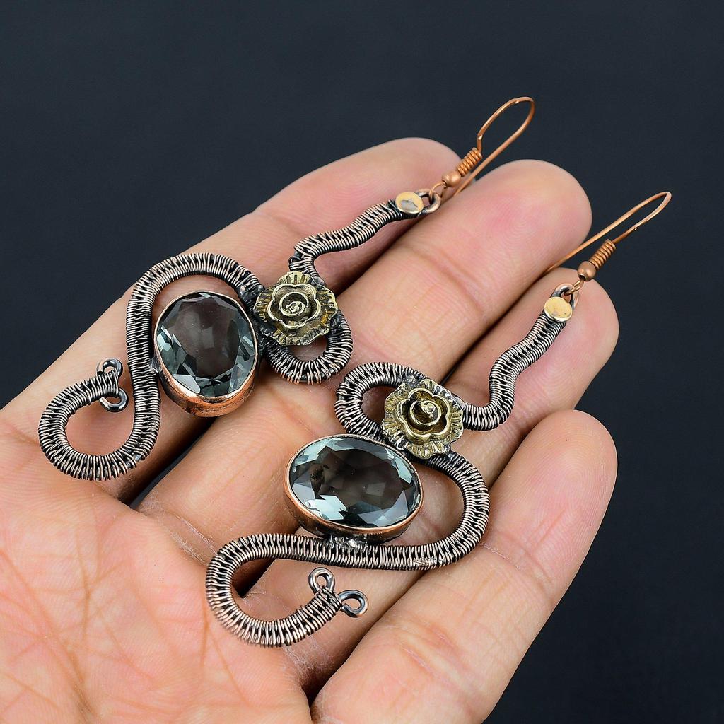 Aqua Apatite Earrings, 999 Copper Wire Wrapped Earrings Handmade Gemstone Jewelry, Gifts For Wife Brand New Earrings