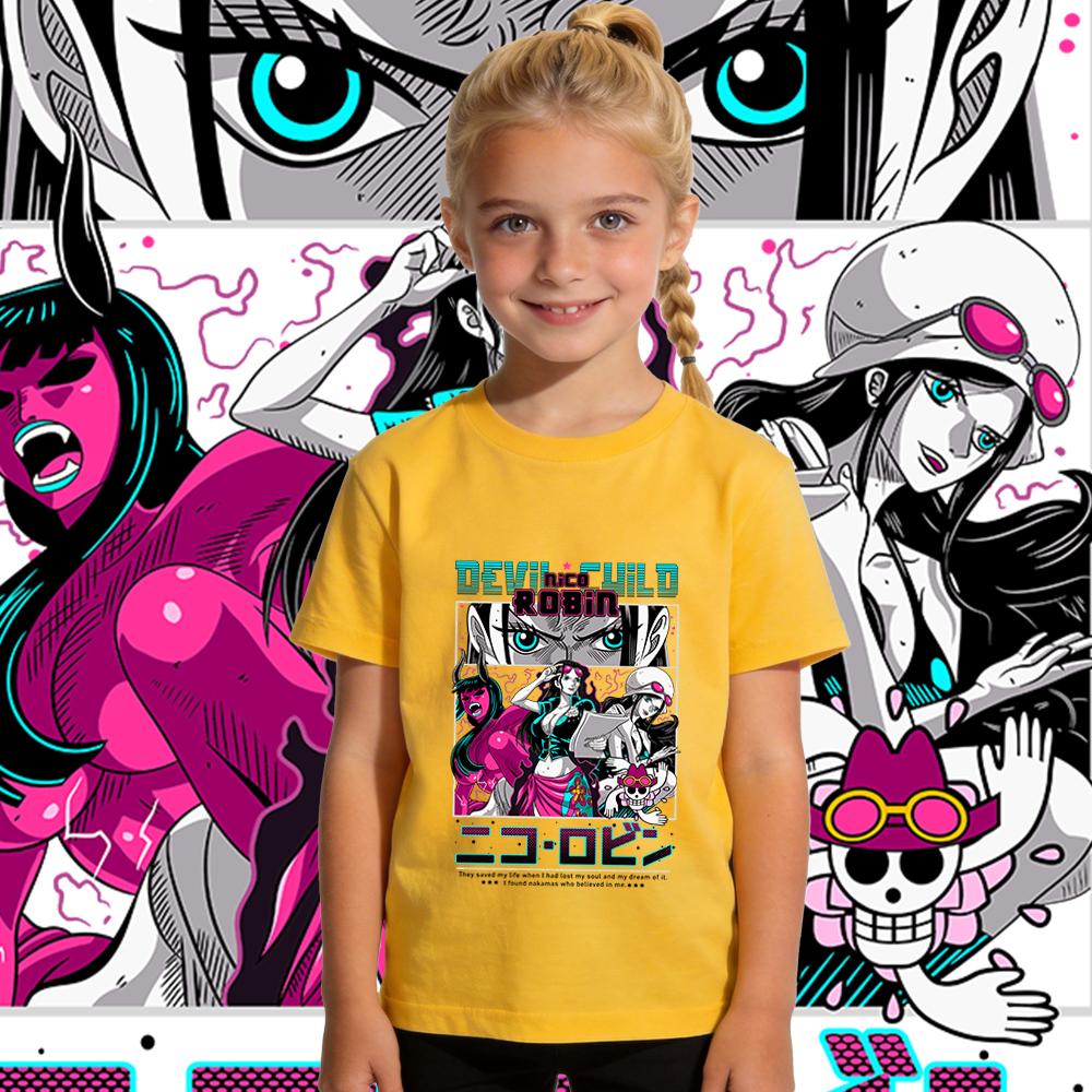 One Piece Robin Anime Print Boys Girls Cotton T Shirt Casual Short Sleeve Kids Summer Top Soft Breathable Daily Wear
