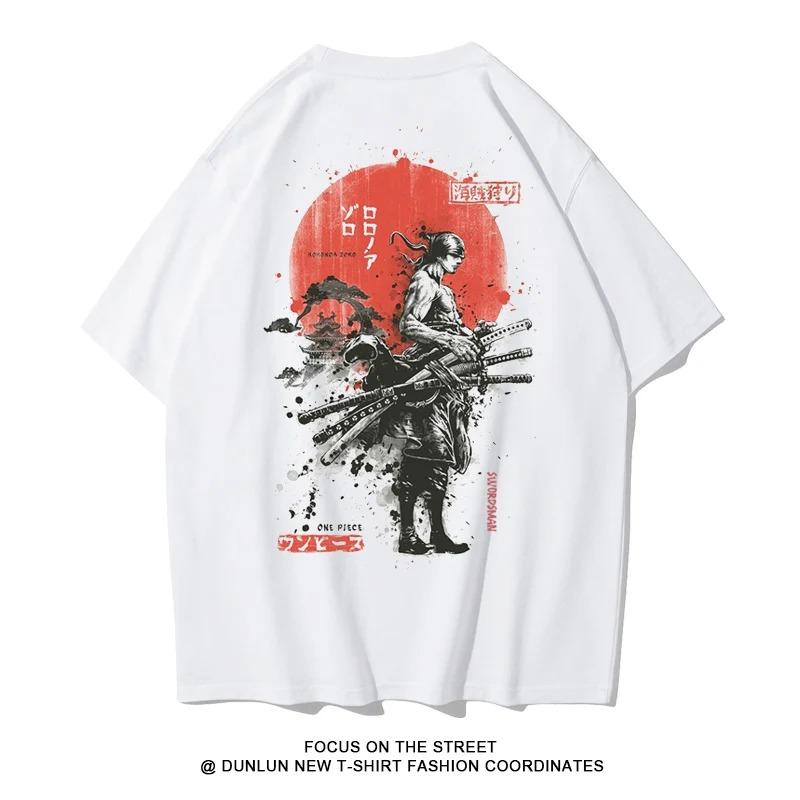 One Piece Roronoa Zoro Red Sun Ink Samurai Back Print T-Shirt Oversized Black Japanese Anime Streetwear T-shirt