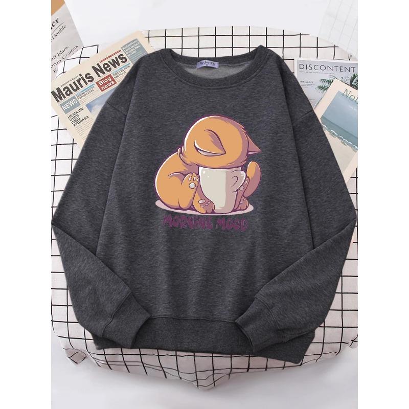 

Кошка смотрит на чашку Милая толстовка женская модная флисовая толстовка с круглым вырезом повседневные толстовки с капюшоном свободного покроя спортивная одежда пуловеры и длинные рукава женские 3XL темно-серого