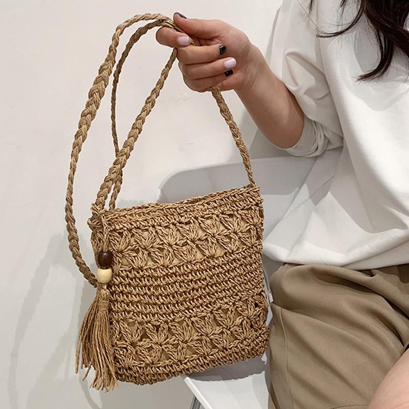 Yogodlns Strohgewebte quadratische Damen-Umhängetasche, modisches Quasten-Design, kleine Handtasche, Sommer-Strandtasche, Damen-Reise-Shopper-Taschen