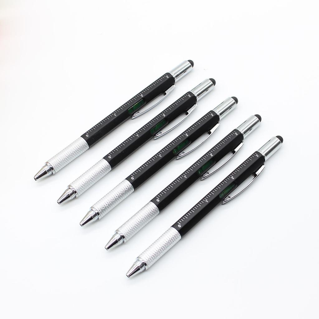 Multi-function Tool Pen Spirit Level Scale Touch Screen 6 in1 Metal 1.0mm Ballpoint Pen Multifunctional Metal Pen Screwdriver Black Ink