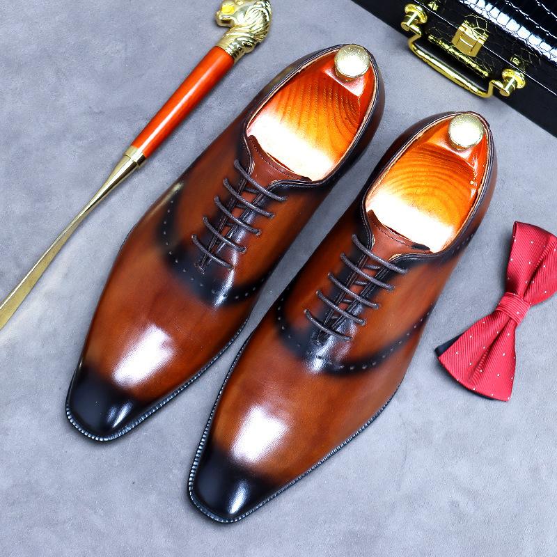 Fashion Business Formal Wear Pointed Toe Shoes Men's Leather Oxfords Male Cowhide Lining British Carved Mens Handmade Bullock Shoes