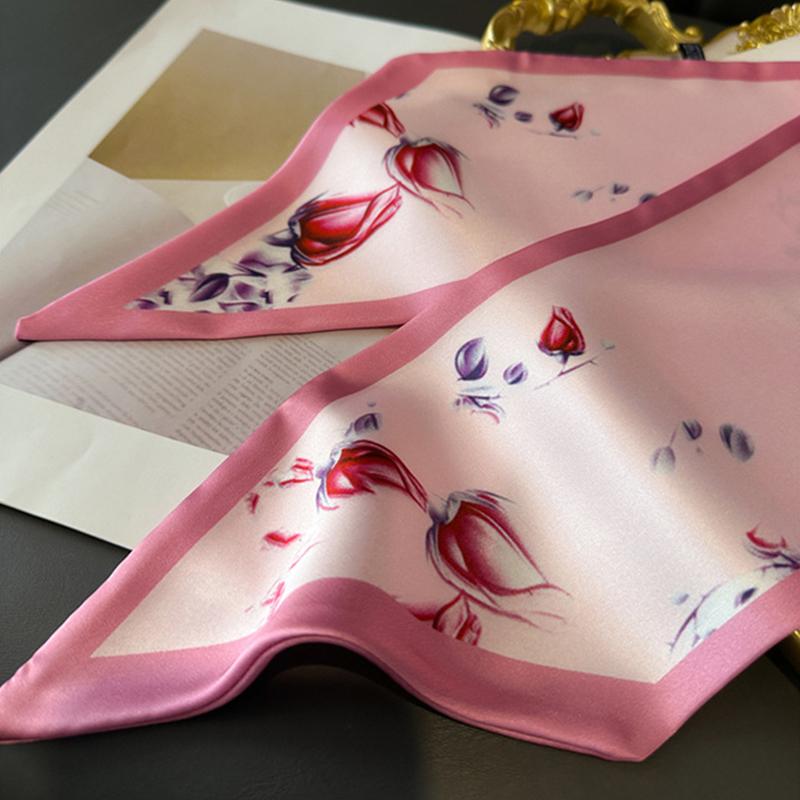 Luxury Pink Flower Pattern Long Narrow Silk Feel Scarf Shawl For Women Small Silk Scarf Lady Double-Sided Headband Accessories