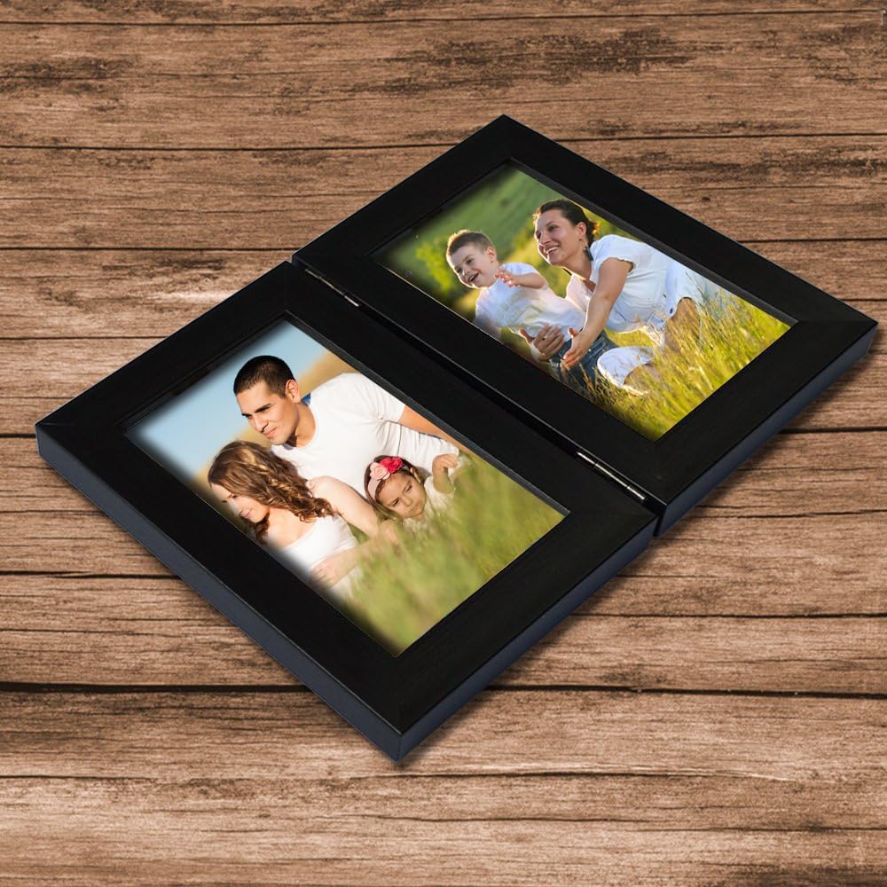 Lyeasw 3.5x5 Picture Frame Double Hinged, Classic Two Opening 3.5 by 5 Family Dual Photo Frame with Glass, Black Folding Free-Standing Vertical Frame