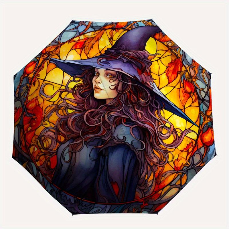 Stained Witch Wall Art: Magical Halloween DecorUmbrella, Portable 3-Fold Compact Umbrella,Christmas Gift ES455