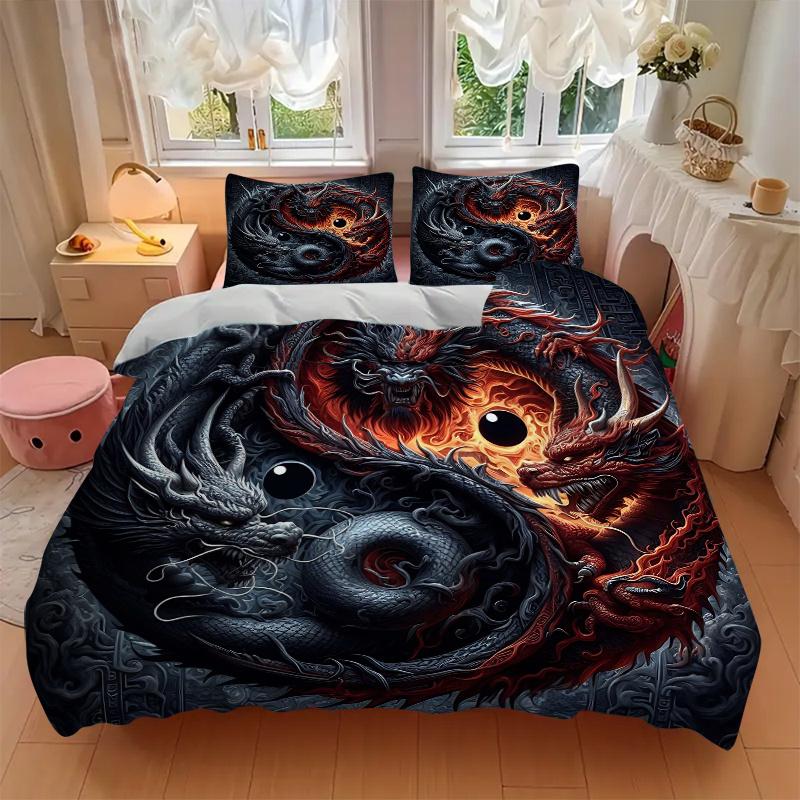 3pcs The Epic Battle of Red and Black Dragons Printed Quilt Set - Soft and Comfortable Quilt Cover for Bedroom, Guest Room and Dormitory Decorati