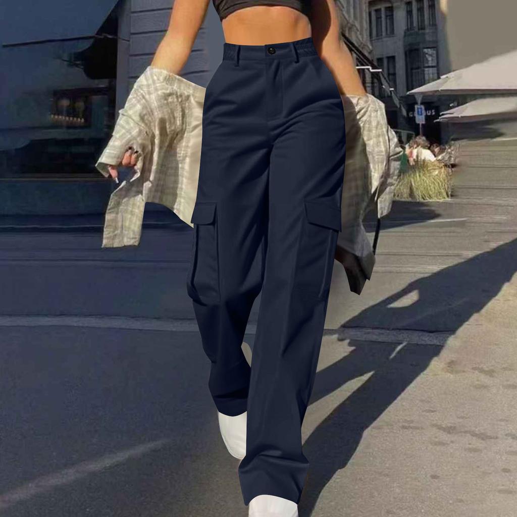Womens Trendy Casual Streetwear Baggy Cargo Pants With Pockets Wide Leg Trousers Loose Overalls Long Pants