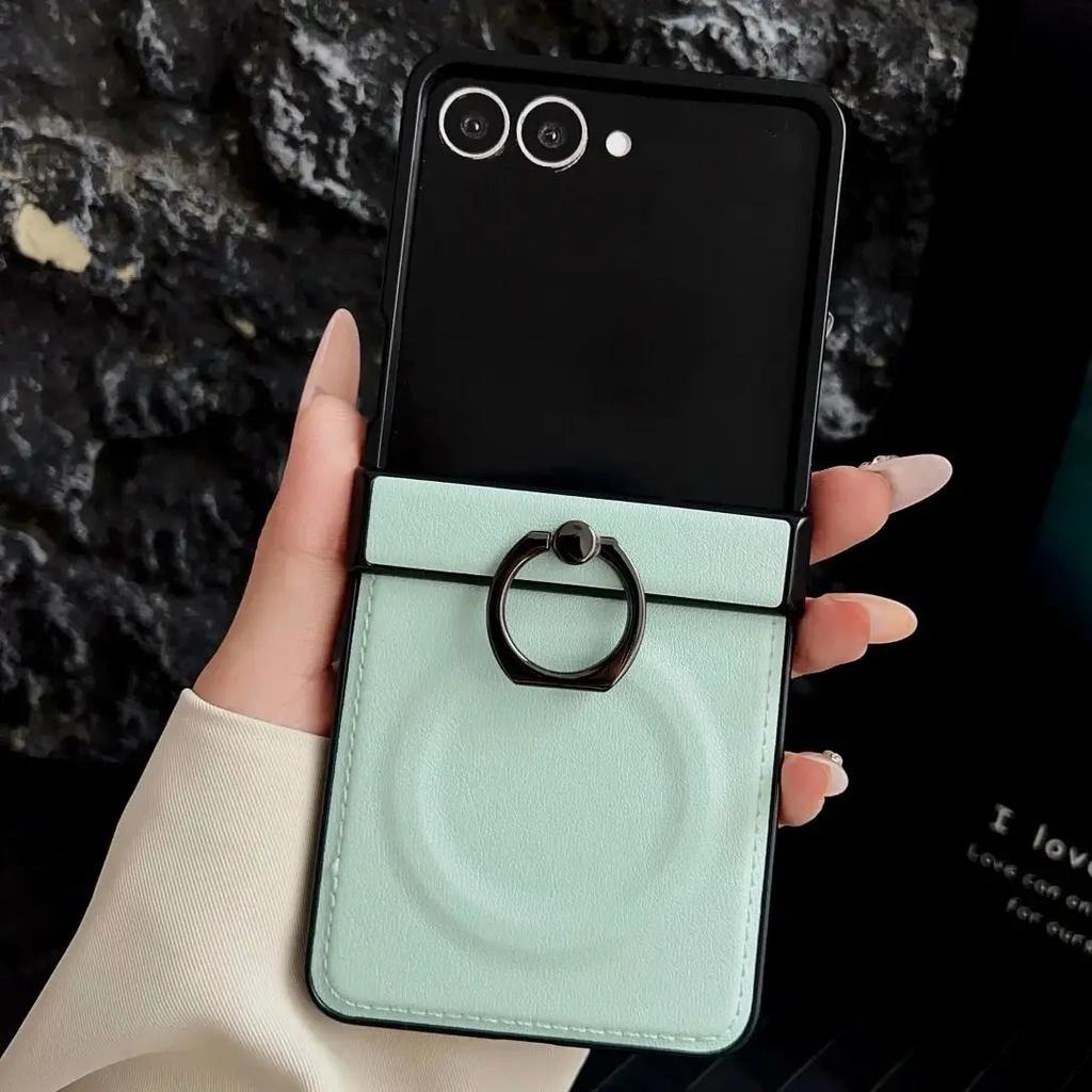 Luxusní Business Sle Hladký Kožený Magnetický Magsafe Kryt na Telefon pro Samsung Z Flip 7 6 5 4 3 Ochranný Kryt s Kruhovým Stojanem