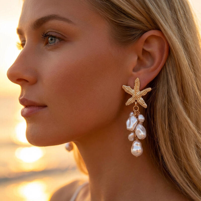 Irregular Imitation Pearl Beaded Dangle Earrings for Women Ladies Ocean Style Metal Starfish Drop Earrings Jewelry Accessories