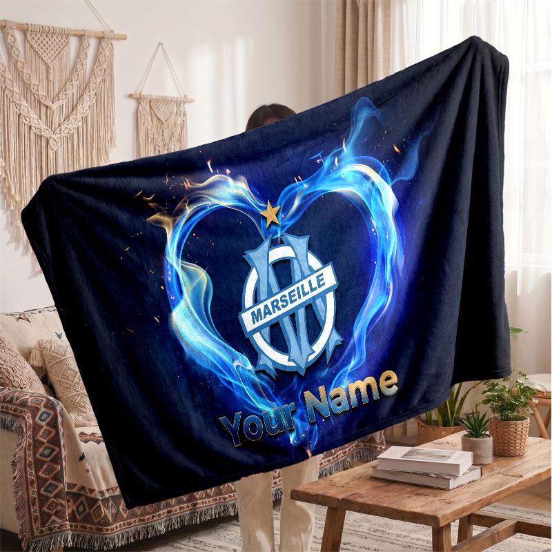 Olympique Marseille FC Personalized Fleece Blanket With Football Logo, Custom Name Text Soft Warm Home Throw Blanket