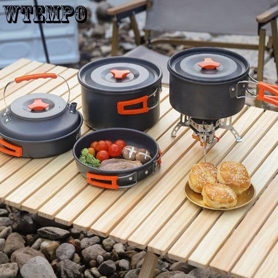 WTEMPO Veselă de gătit pentru exterior Veselă de picnic Set ceainic Echipament de camping Aragaz cu casetă Veselă portabilă