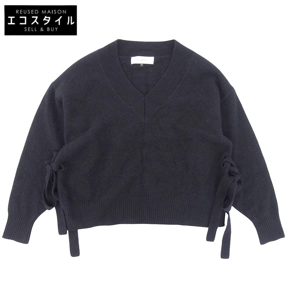 LE CIEL BLEU In Good Condition Wool X Cashmere Side Slit V-neck Knit Pullover Top for Women, Black, Size 36, 24A61415 Tops 36 blackUsed