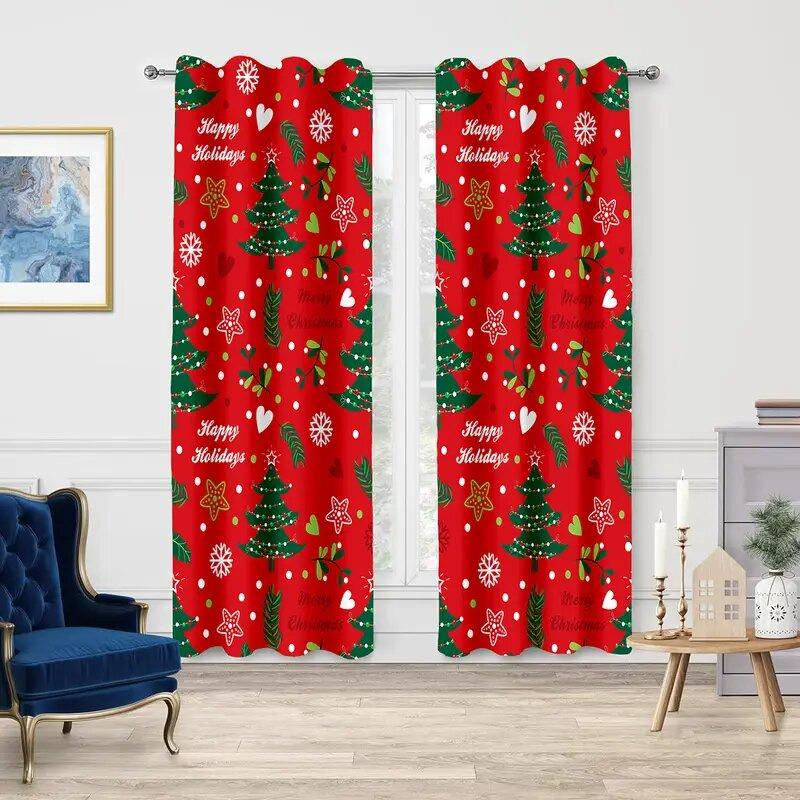 Set Of 2 Red Christmas Tree Snowflake Print Curtains Pole Bag Home Decoration Room Curtain Polyester