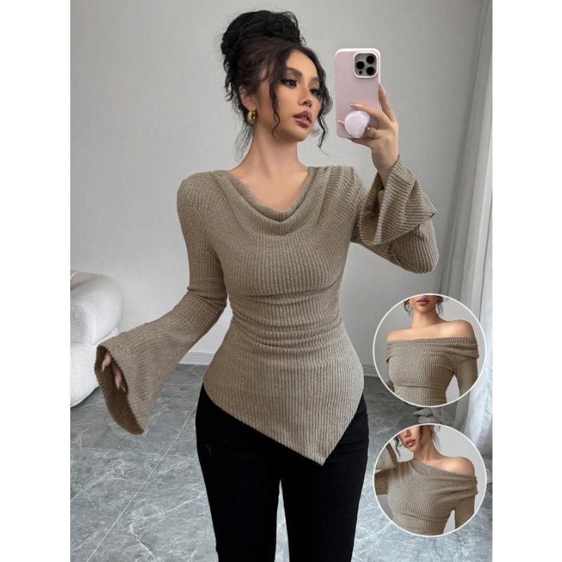 Herbst- und Wintermode V-Ausschnitt unregelmäßige ausgestellte Ärmel Damen grauer Pullover, elegant und sexy lockeres elastisches langärmeliges Oberteil