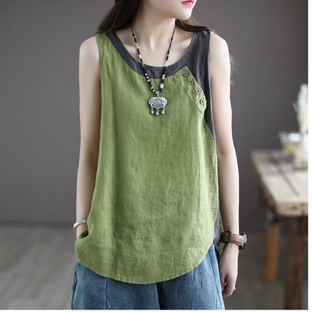 Women's Round Neck Sleeveless Linen Cotton Loose Tank Top Retro Casual Vest