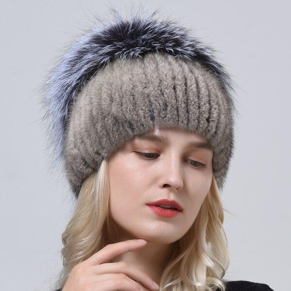 New Style Real Mink Fur Hat fluffy Winter Lady Natural Fox Fur Beanie Ball Hat Knit Warm Genuine Mink Fur Cap Luxury Women's Hat