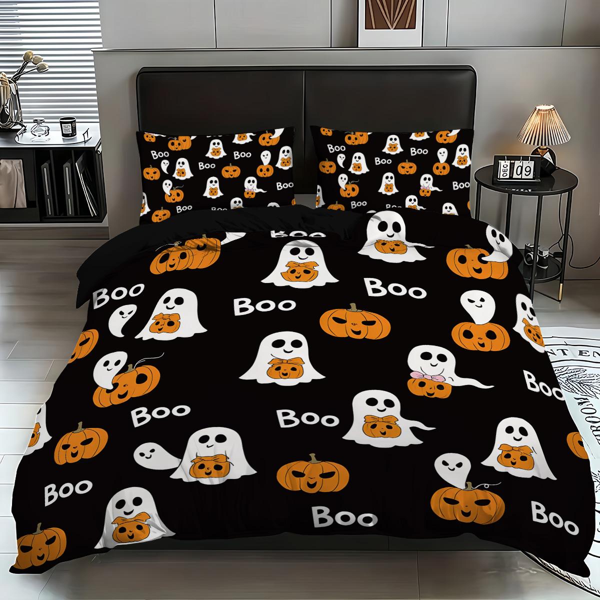 

3-piece Halloween themed black cute ghost pattern duvet cover set, 1 duvet cover+2 pillowcases, coreless 135x200cm-EU-Single&set
