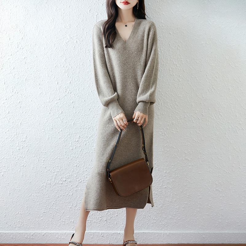 Women Sweater Dress 100% Wool MODERN NEW SAGA V-neck Knit Long Pullover Winter Jumpers Wool Long Dress Female