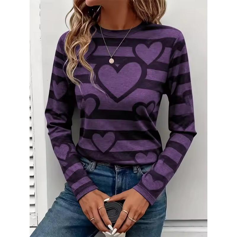 Women's Long-Sleeve T-Shirt Autumn Striped Heart Print Street Style Casual Crew Neck Pullover Loose Fit Outdoor T-Shirt
