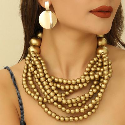 Ensemble Zircon Africain Style Ethnique Multicouche Fait Main Perles en Bois Perles Collier Déclaration Boucles d'Oreilles Accessoires de Fête pour Femmes