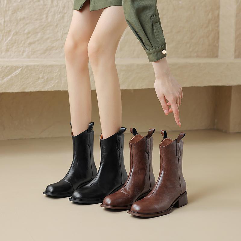 Fashion 2025 New Autumn/Winter Women Boots Round Toe Chunky Heel Boot Western Boots Zapatos De Mujer Mid-calf Boots Genuine Leather