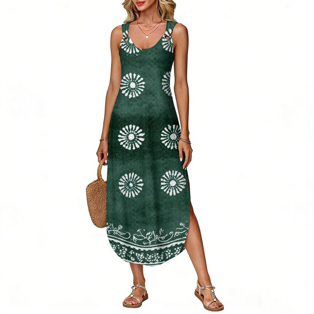 Women's Summer Long Dress, Sleeveless With Side Slits, Long Retro Printed Camisole Dress